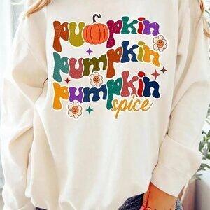 Letter Graphic Pumpkin Spice Round Neck Long Sleeve Fall Sweatshirt